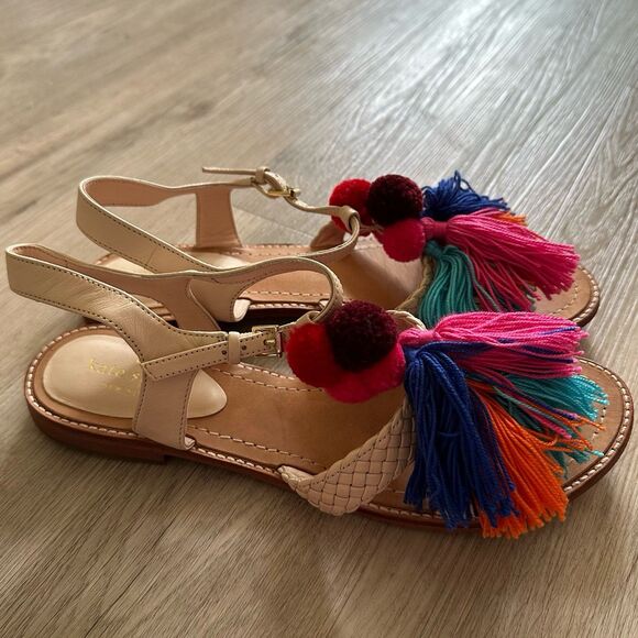 Kate Spade New York Sunset Sandals Pom Poms Tassles Woven Leather Straps Size 9 - Picture 4 of 12
